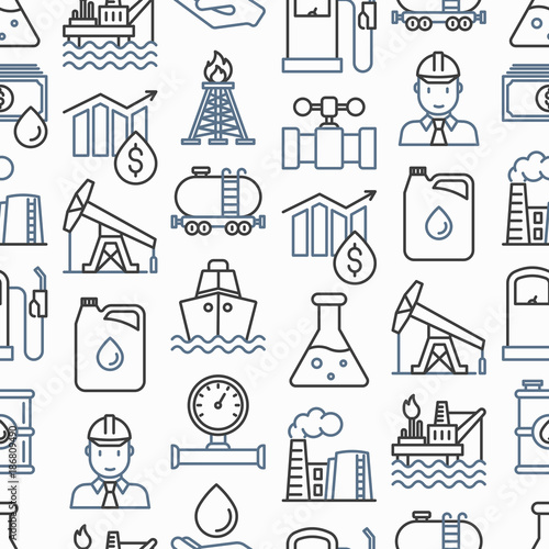Oil industry seamless pattern with thin line icons: gas, petroleum, diesel,  truck, tanker, ship, refinery, barrel. Modern vector illustration.