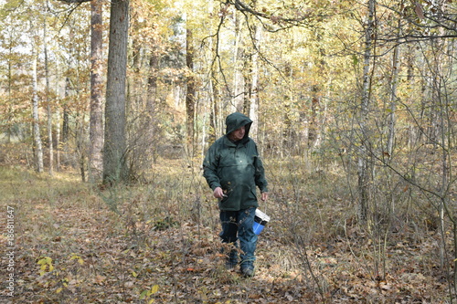 зрелый мужчина идет по осеннему лесу с ведром,ищет грибы и ягоды  