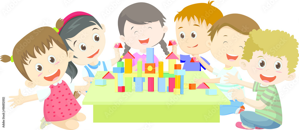 Happy children playing together with blocks Happy children playing together with blocks
