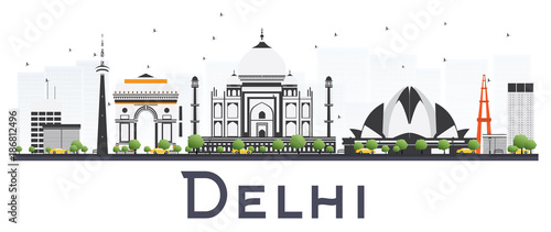 Delhi India City Skyline with Color Buildings Isolated on White Background.