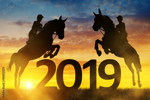 Silhouette the riders on the horse jumping into the New Year 2019 at sunset.