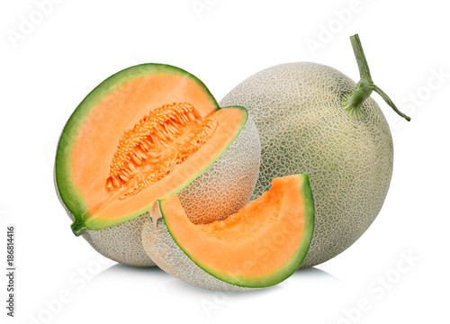 whole and slice of japanese melons, green melon or cantaloupe melon isolated on white background