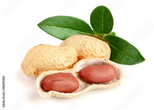 peanuts with leaf isolated on white background