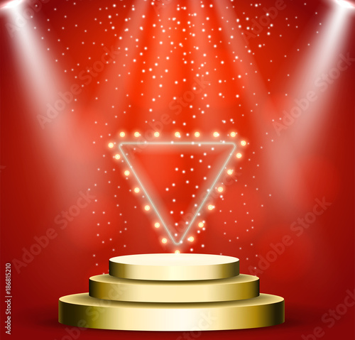 Business presentation podium of three steps with the track. Bright spotlights. 3d rendering, vector graphics. night party, club presentation, gold scene.