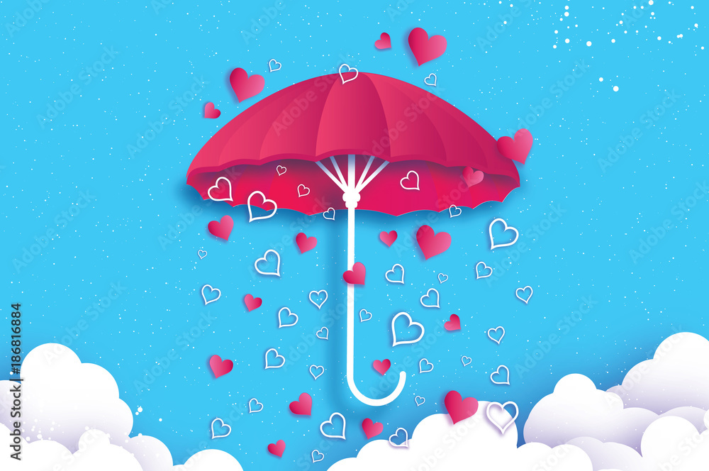 Happy Valentines day. Pink umbrella. Air with Love raining. Origami Heart  Rain drop. Parasol. Happy Monsoon season. Heart in paper cut style on blue  background. Cloud. Romantic Holidays.14 February. Stock Vector