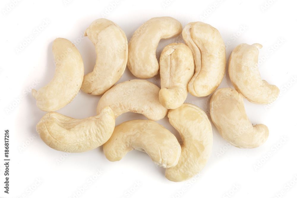 cashew nuts isolated on white background. top view. Flat lay cashew nuts isolated on white background. top view. Flat lay