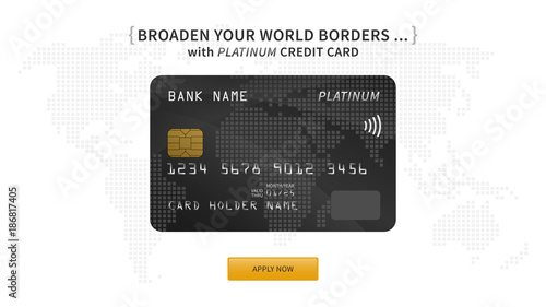 Platinum bank card vector illustration. Bank credit (debit) card promotion creative concept with world map on the background. Plastic platinum contactless card graphic design.
