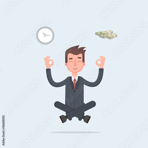 Businessman found his balance with time and money. Business man sitting and mindful meditating in lotus asana in zen peace and mental calmness.