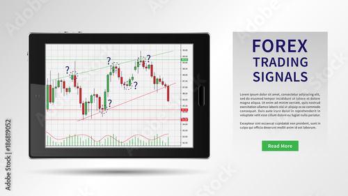 Forex Trading Signals vector illustration. Investment strategies and online trading signals on mobile device concept. Buy and sell indicators for forex trade on the candlestick chart graphic design.