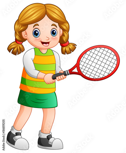 Young girl playing tennis on a white background