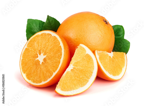 Orange with slice and leaf isolated on the white background