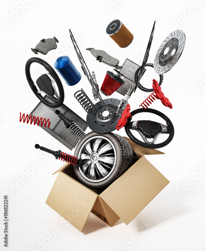Fotografia Auto spare parts standing on white background. 3D illustration