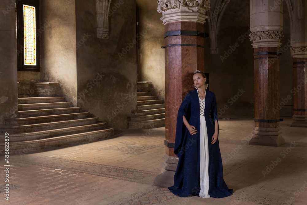 Naklejka premium princess balcony medieval dress ancient young blue dress castle stairs window fairytale