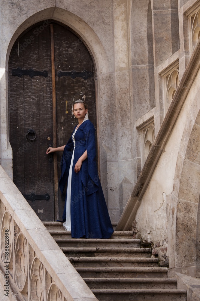 princess balcony medieval dress ancient young blue dress castle stairs