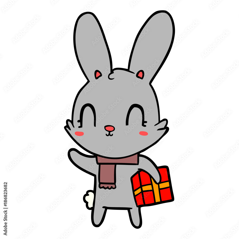 cute cartoon rabbit with christmas present