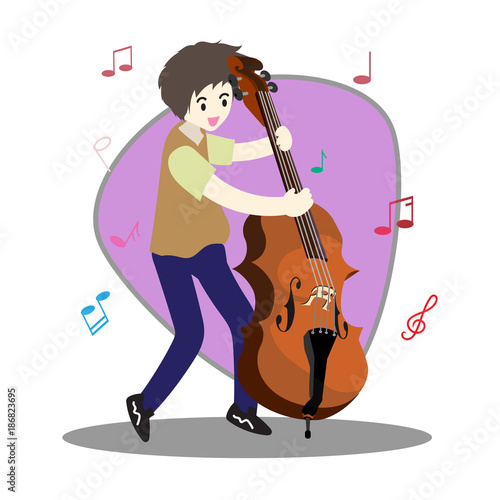 Young boy playing double bass Happy Love music Background character design illustration vector in cartoon style