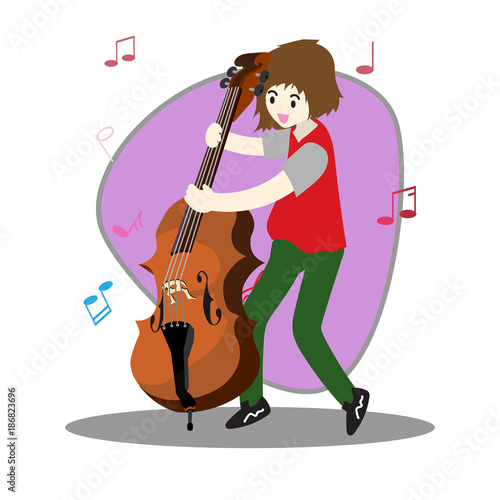 Young boy playing double bass Happy Love music Background character design illustration vector in cartoon style