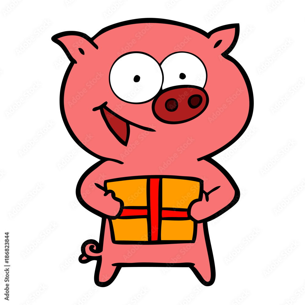 cheerful pig with christmas gift cheerful pig with christmas gift