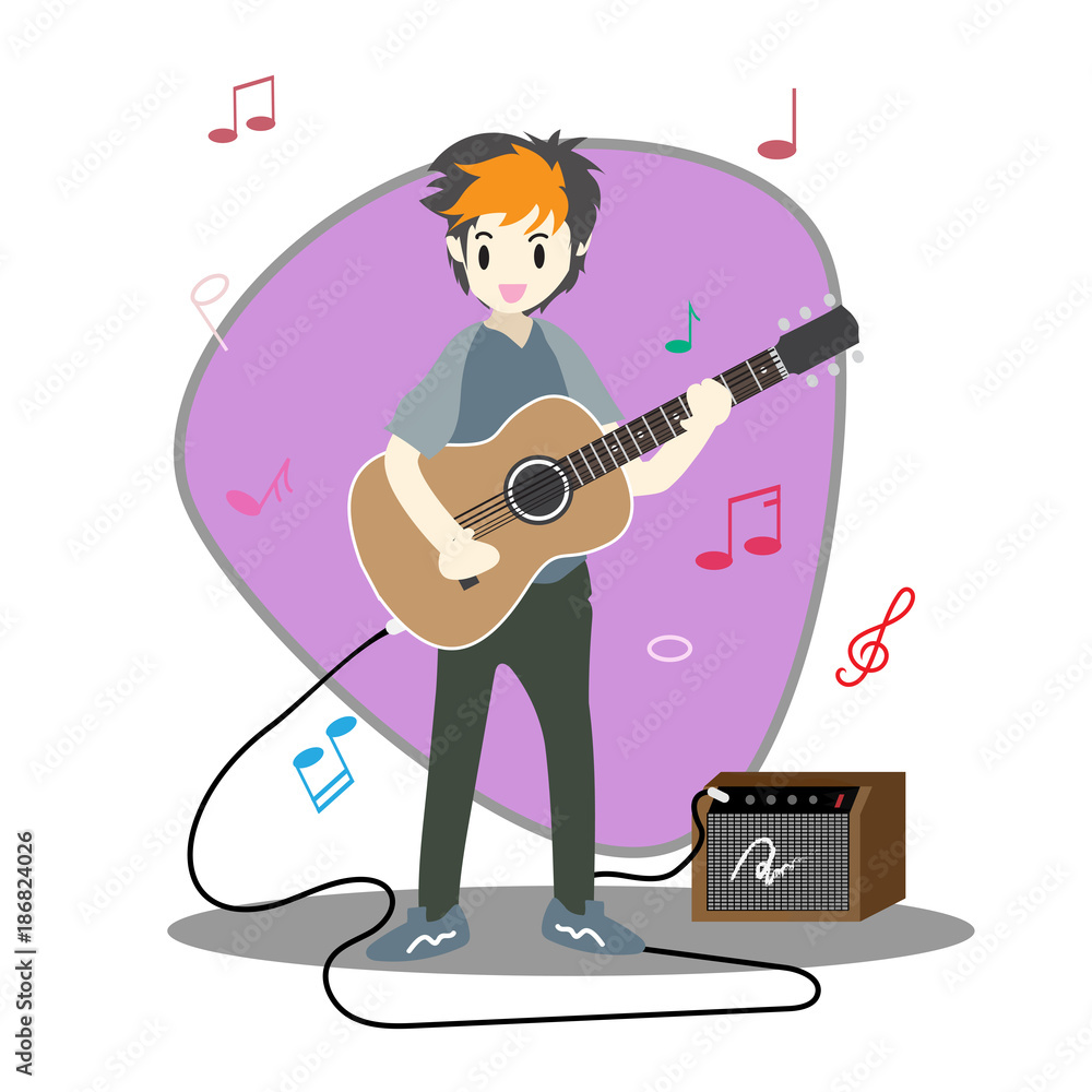 Young boy playing guitar Happy Love music Background character design illustration vector in cartoon style Young boy playing guitar Happy Love music Background character design illustration vector in cartoon style