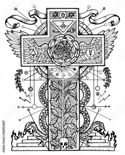 Graphic mystic illustration with cross and rose. Fantasy and secret societies emblem, occult and spiritual mystic drawings. Tattoo design, new world order.  photo