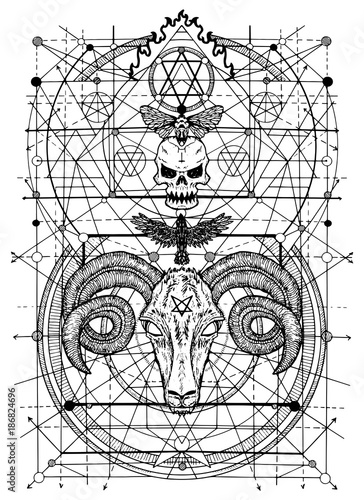 Graphic illustrations with symbols of death and devil signs. Fantasy and secret societies emblems, occult and spiritual mystic drawings. Tattoo design, new world order. 