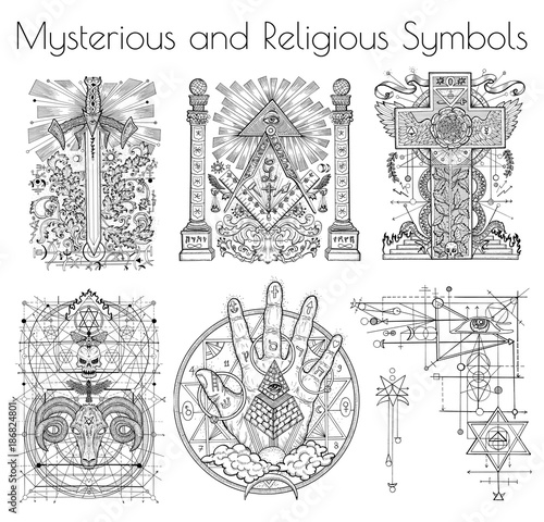 Design collection with graphic illustration of mystic and religious organizations. Freemasonry and secret societies emblems, occult and spiritual mystic drawings. Tattoo design, new world order.  photo