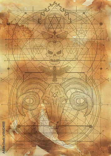 Scrapbook design background with devil and death mystic symbols. Secret societies emblem  occult and spiritual mystic drawings. Tattoo design  new world order. 