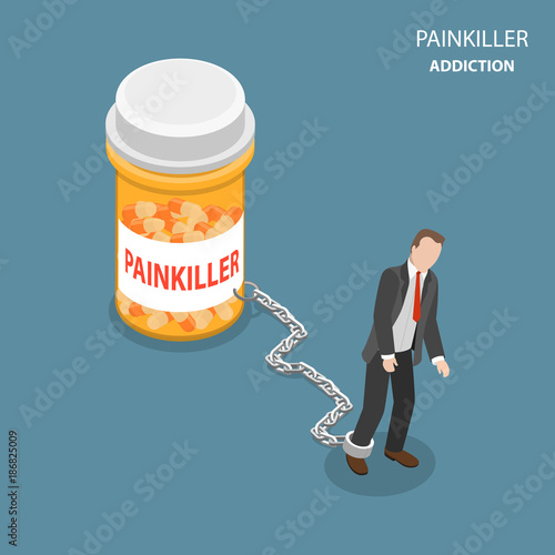 Painkiller addiction flat isometric vector concept. Tired and weak man is trying to go ahead but cannot as he chained to the bottle of pills with PAINKILLER name on it.