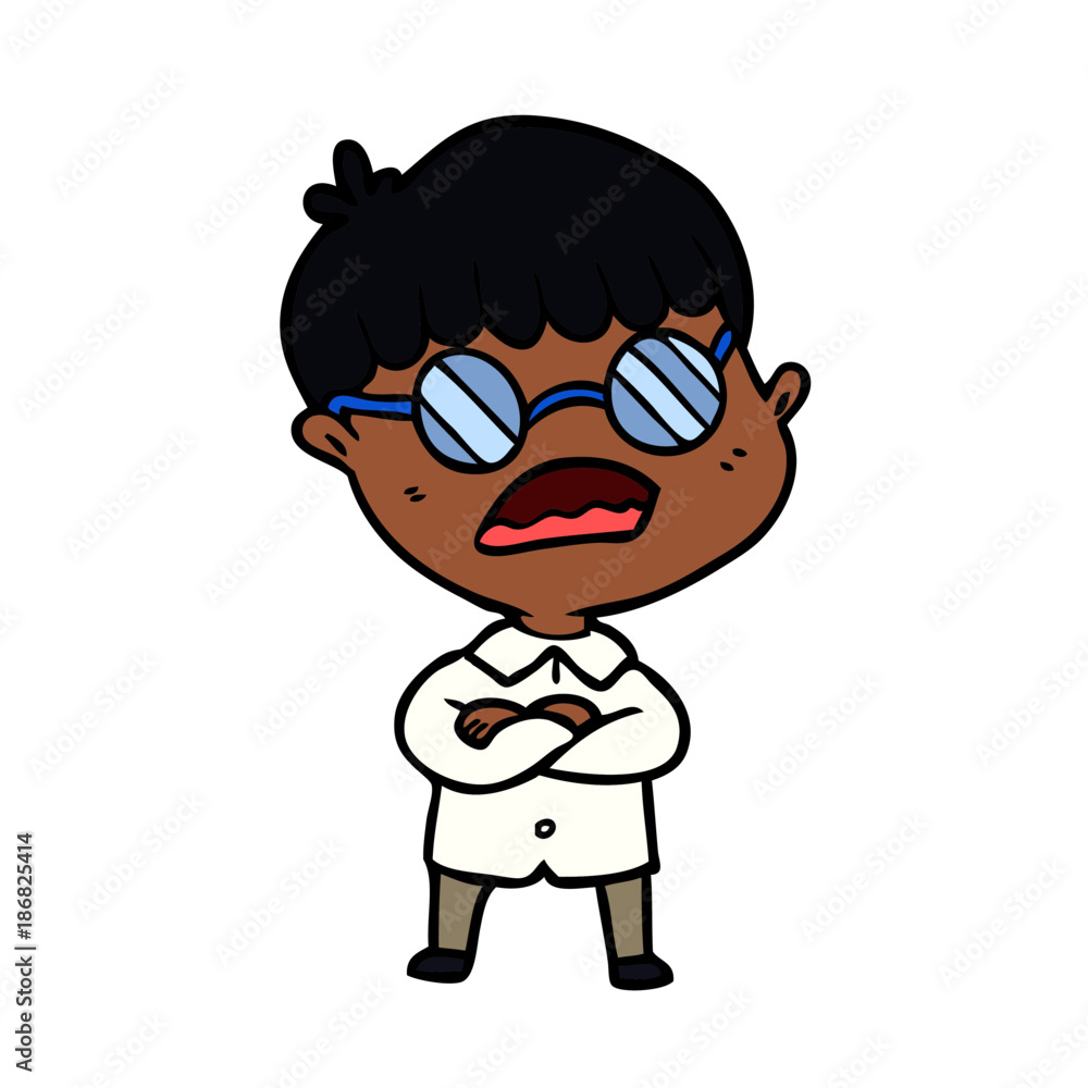 cartoon boy with crossed arms wearing spectacles