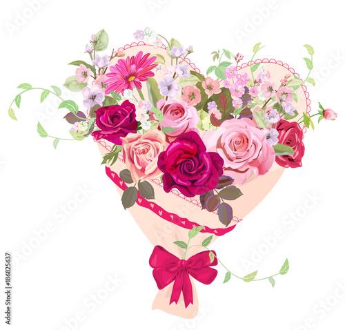 Heart with bouquet of flowers. Valentine's Day card. Red, pink roses, spring blossom, branches mauve apple tree flowers, buds, leaves on white background. Digital draw, watercolor style, vector