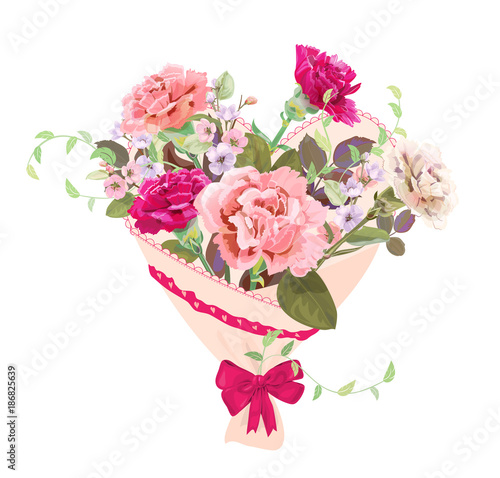 Heart with bouquet of pink, red flowers. Valentine's Day card. Carnation schabaud, spring blossom (branches apple tree flowers), buds, leaves, white background. Digital draw, watercolor style, vector