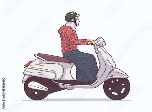 Isolated illustration of woman riding motorbike, motorcycle from side view in color