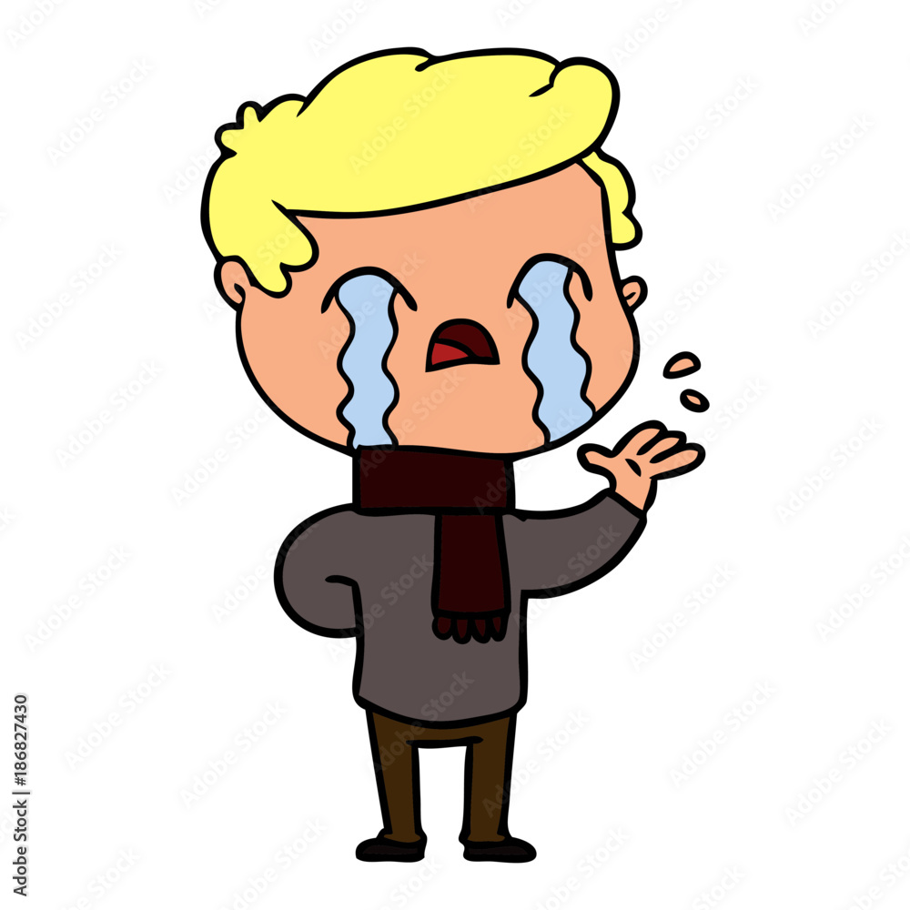 cartoon man crying wearing winter scarf