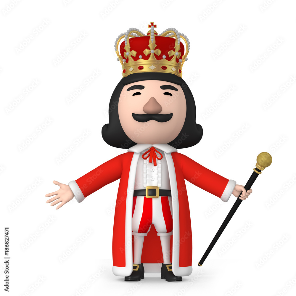 King wearing crown stand on the white background with Cane, 3D Illustration
