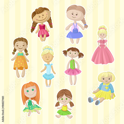 Cute female dolls set, lovely toys for little girls cartoon vector Illustrations