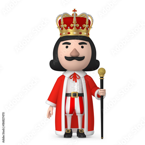 King wearing crown stand on the white background with Cane, 3D Illustration