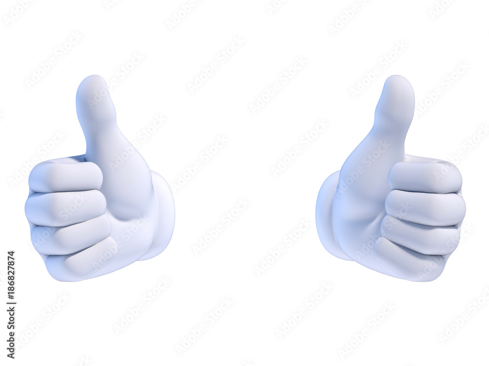Thumbs up, two white cartoon hands 3d rendering Stock Illustration