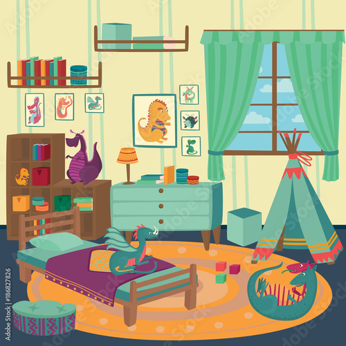 Playing room for boy with dragon toys, cozy kids interior with cute toys and furniture vector Illustration