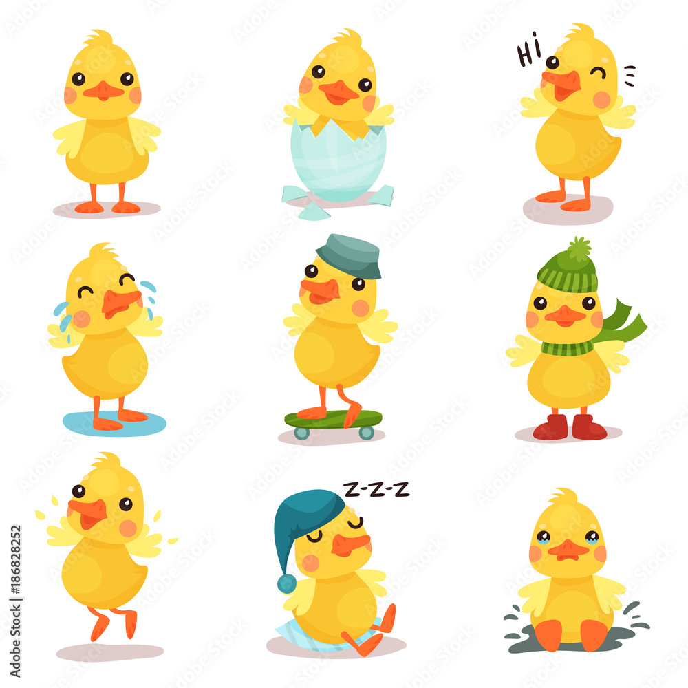 Cute little yellow duck chick characters set, duckling in different poses  and situations cartoon vector Illustrations Stock Vector | Adobe Stock
