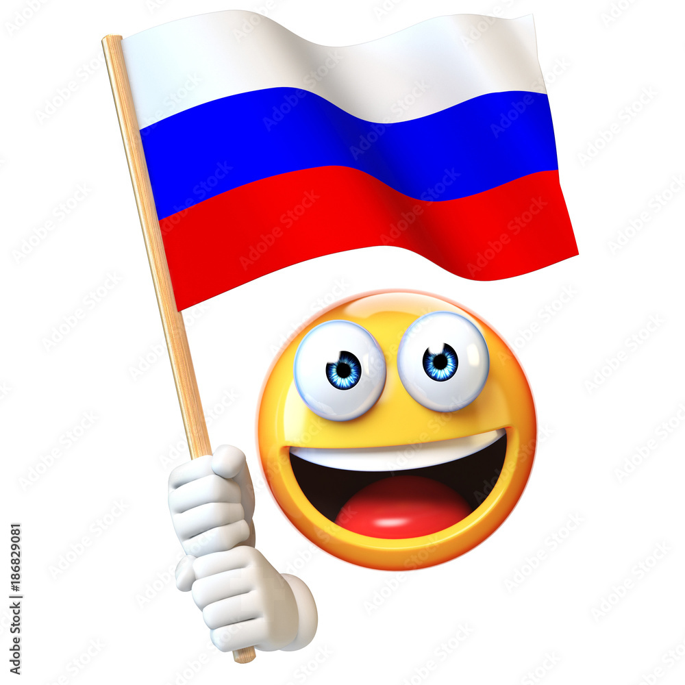 Emoji holding Russian flag, emoticon waving national flag of Russian  Federation 3d rendering Stock Illustration