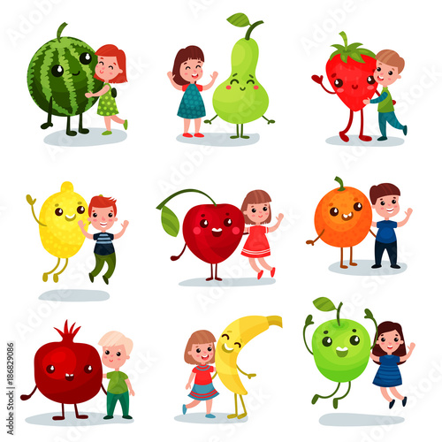 Cute little kids having fun and hugging giant fruits, best friends, healthy food for children cartoon vector Illustrations