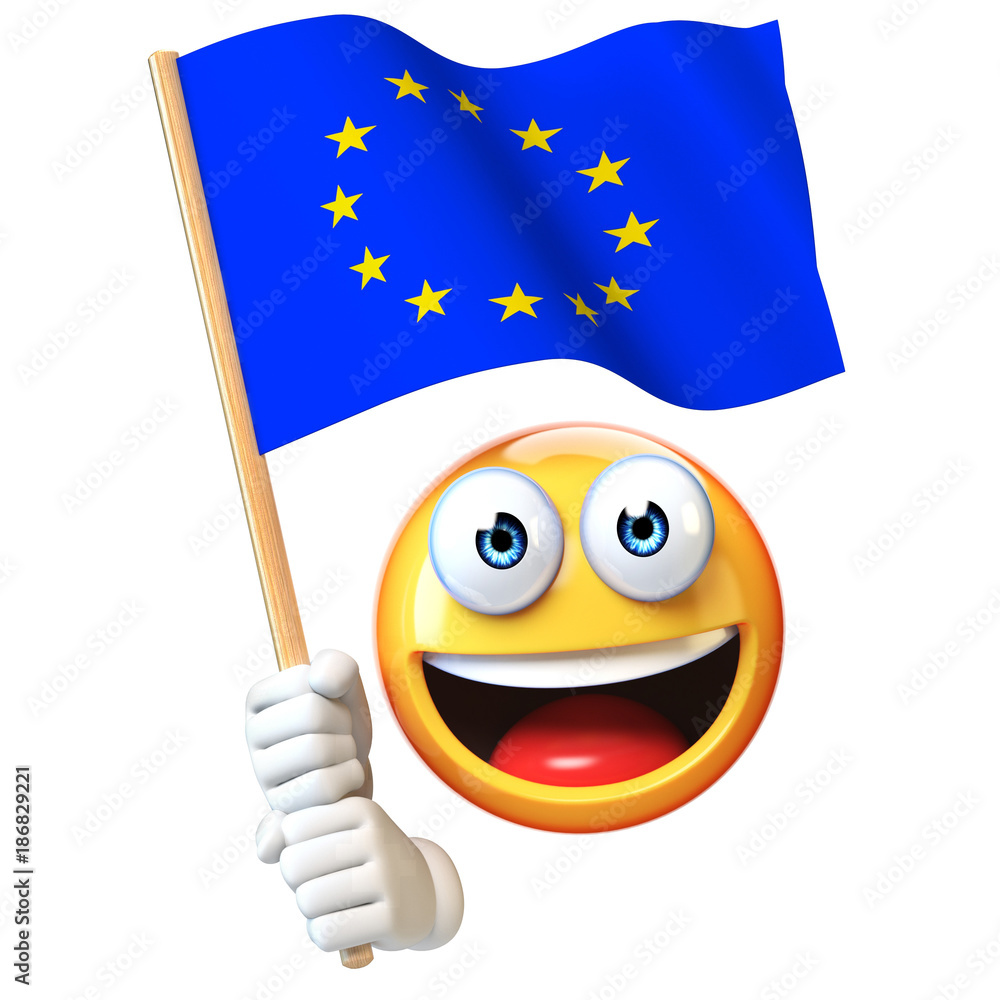 Emoji holding EU flag, emoticon waving flag of European Union 3d