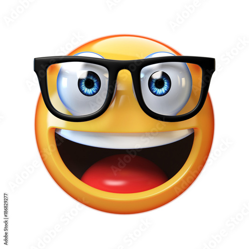 Nerd emoji isolated on white background, emoticon with glasses 3d rendering