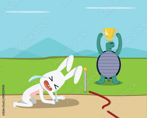 Tortoise win, Rabbit lose at finish line, vector