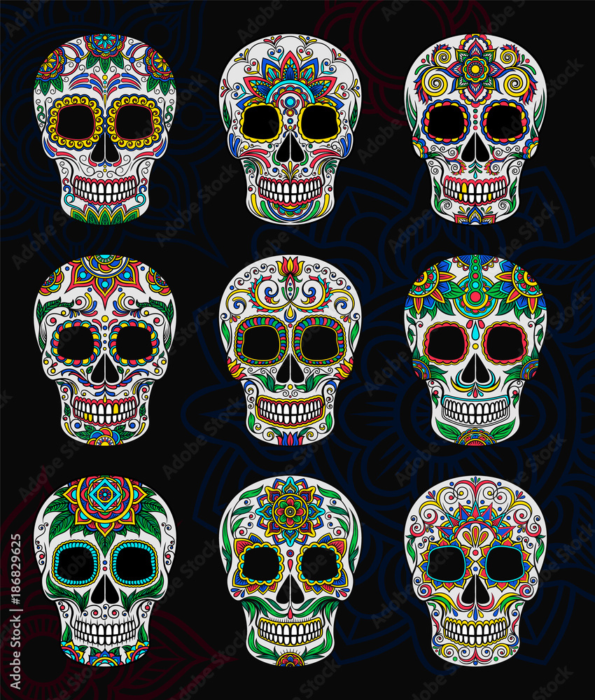 mexican-sugar-skulls-with-floral-pattern-set-day-of-the-dead-vector