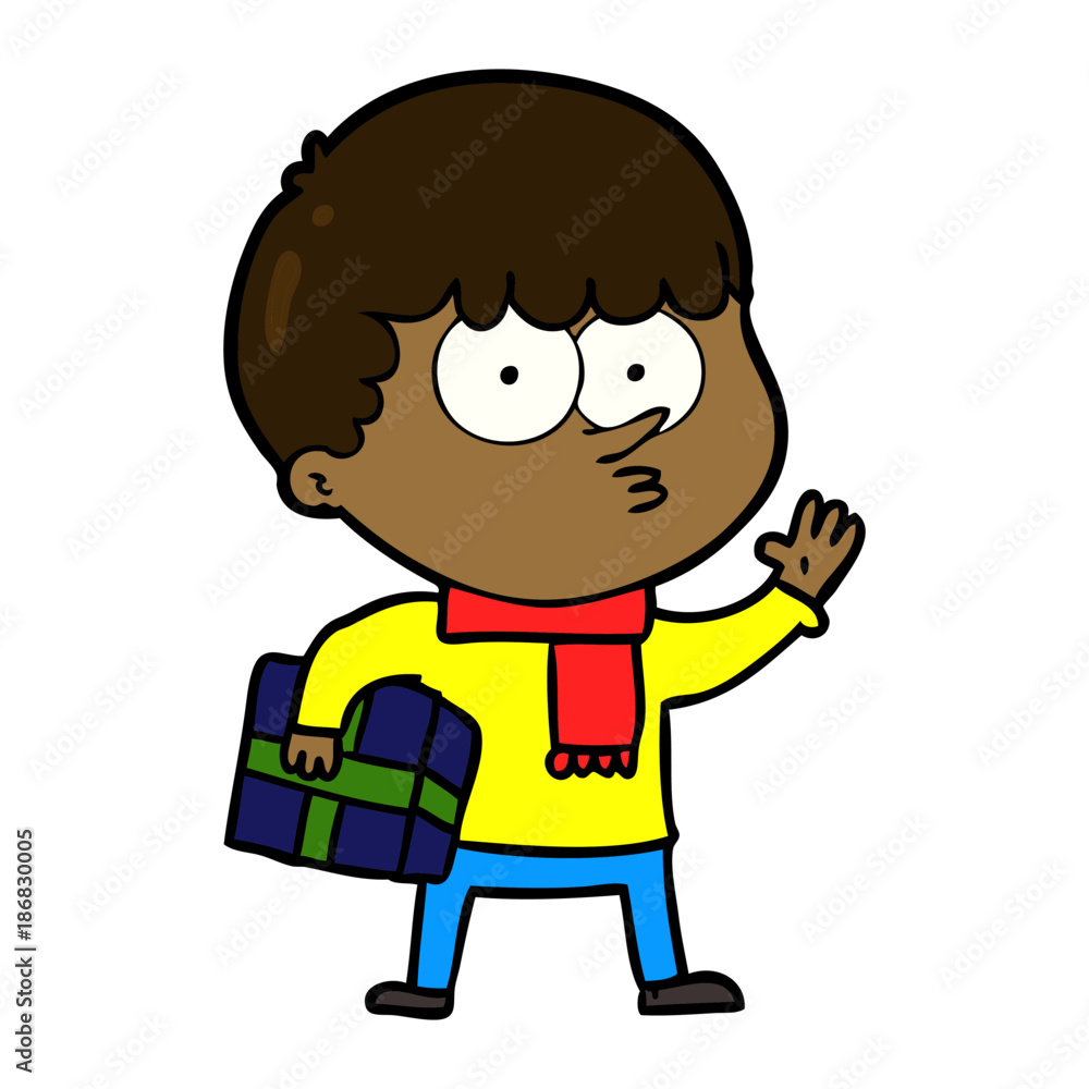 cartoon curious boy carrying a gift