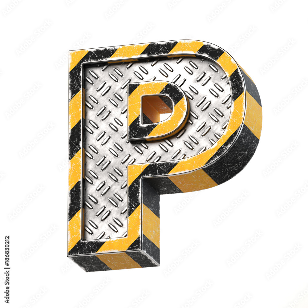 Industrial black and yellow striped metallic font, 3d rendering, letter P