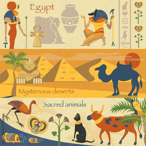 Egypt set, Egyptian ancient symbols, mysterious desserts, sacred animals vector Illustrations