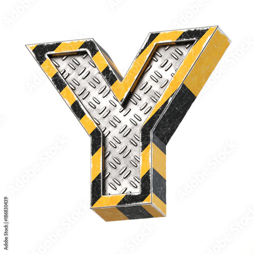Industrial black and yellow striped metallic font, 3d rendering, letter Y
