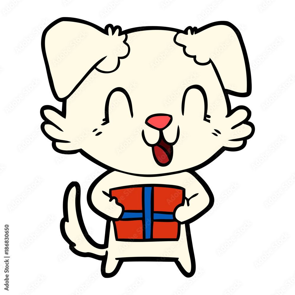 Fototapeta premium laughing cartoon dog with christmas present